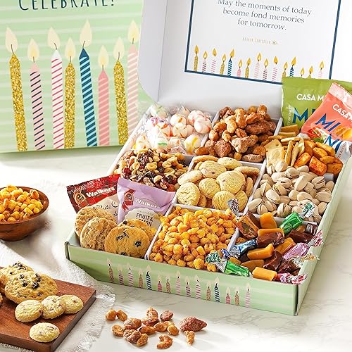 Broadway Basketeers Birthday Gift Basket With Snacks, Candy, & Cookies, Gourmet Food Gifts, Kosher, For Men, Women, Kids & Adults