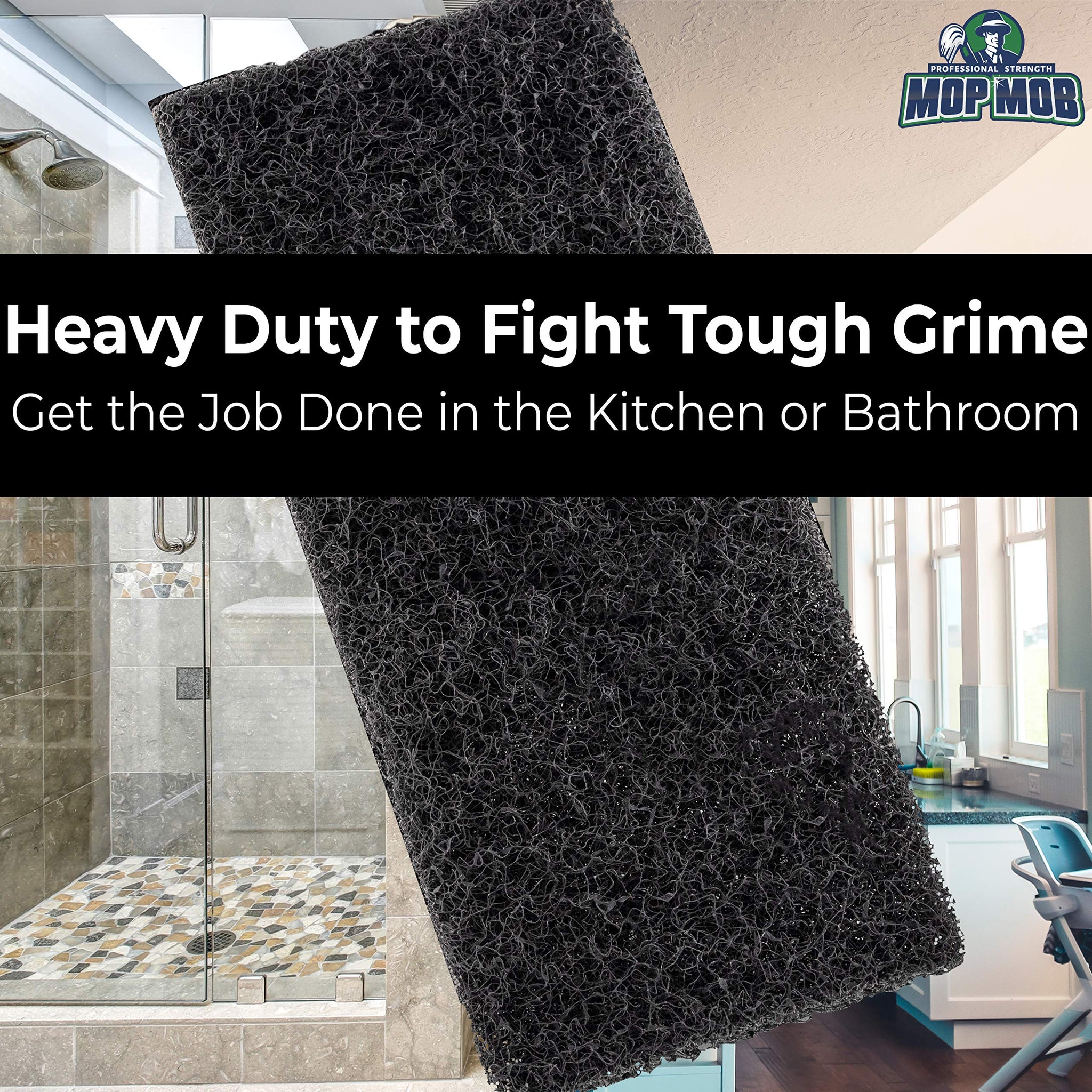 Heavy Duty XL Black Scouring Pad 5 Pack. 10 x 4.5in Large Multipurpose Nylon Scrubbing Sponges. Clean Bathrooms, Kitchens, Counters and Floors
