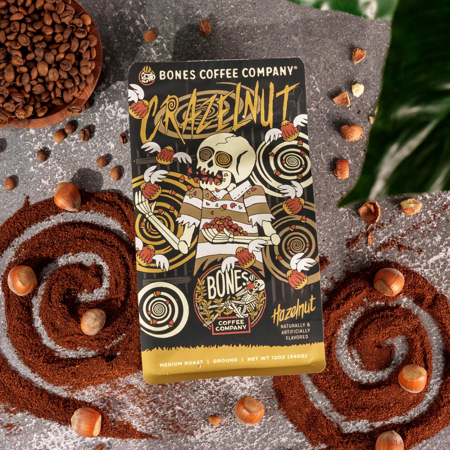 Bones Coffee Company Crazelnut, Hazelnut Flavored Coffee, Medium Roast Low Acid Arabica Beans Compatible with Auto drip and French Press Coffee Maker
