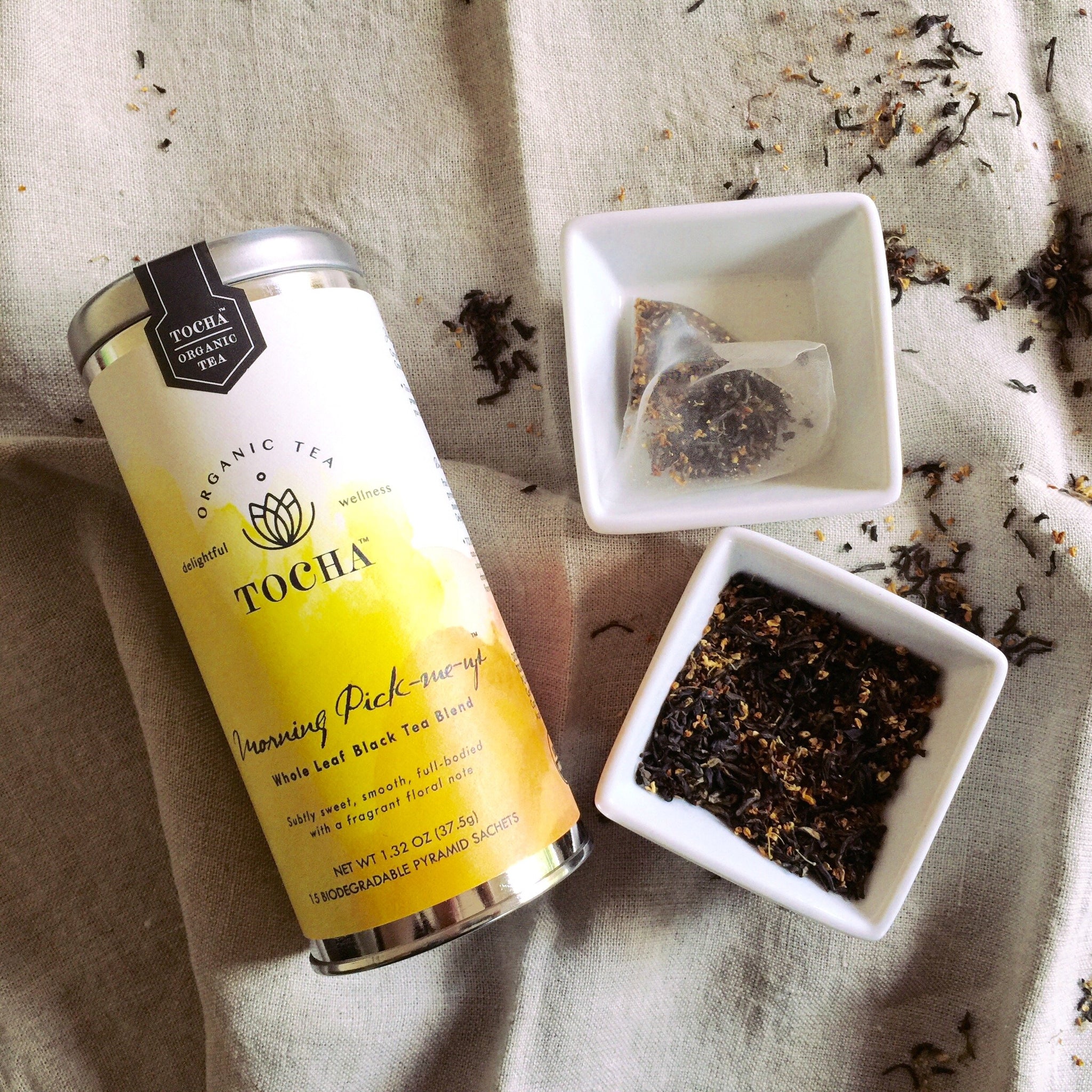 Tocha Organic Morning Pick-Me-Up Black Tea - Bold & Smooth Caffeine Boost | 15 Biodegradable Pyramid Bags | Floral Osmanthus Aroma, Non-GMO