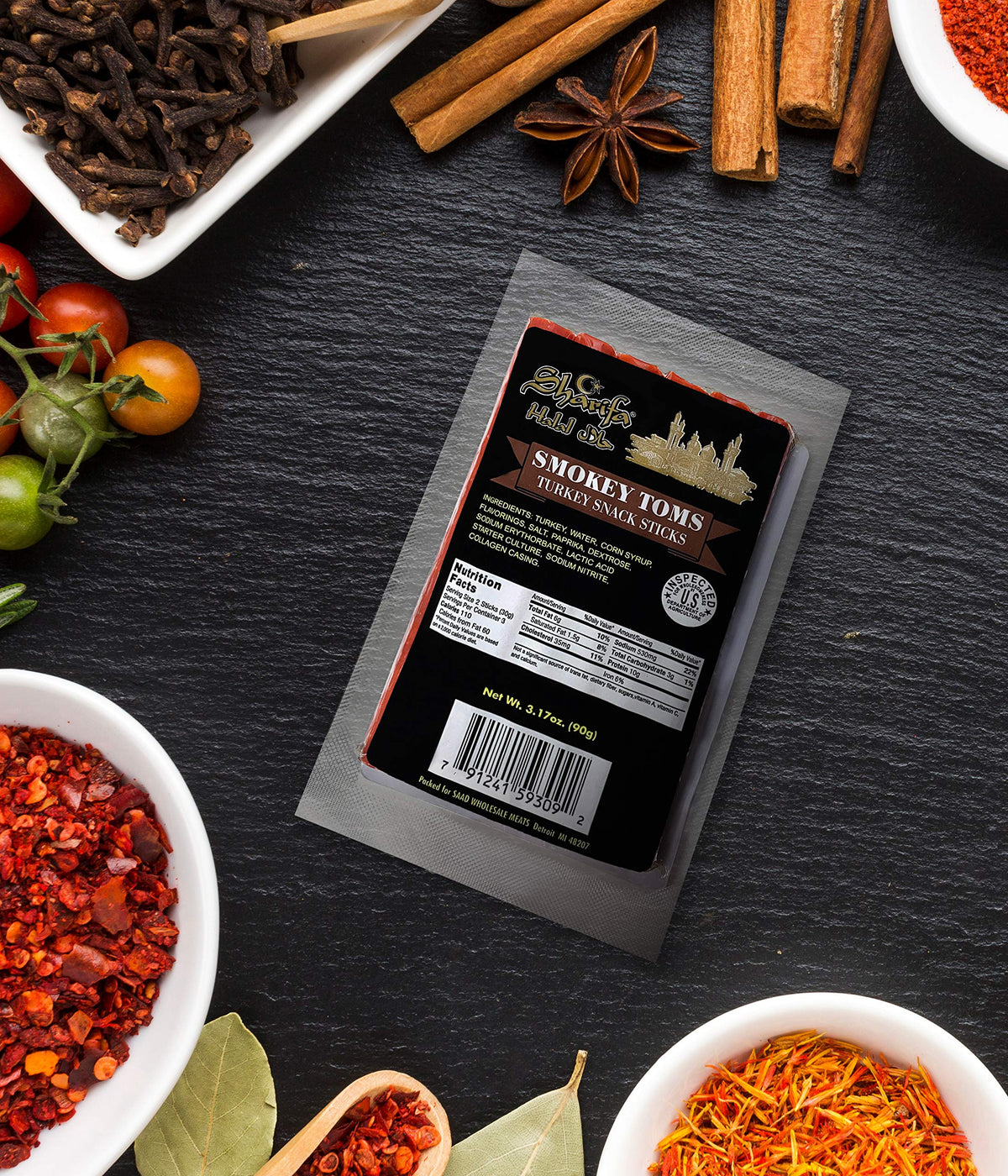 SHARIFA HALAL SMOKEY TOMS TURKEY SNACK STICKS, 3.17 OZ. PACKAGE - GREAT EVERYDAY ZABIHA HALAL TURKEY, 10G PROTEIN, 110 CALORIES, 3G CARBOHYDRATES