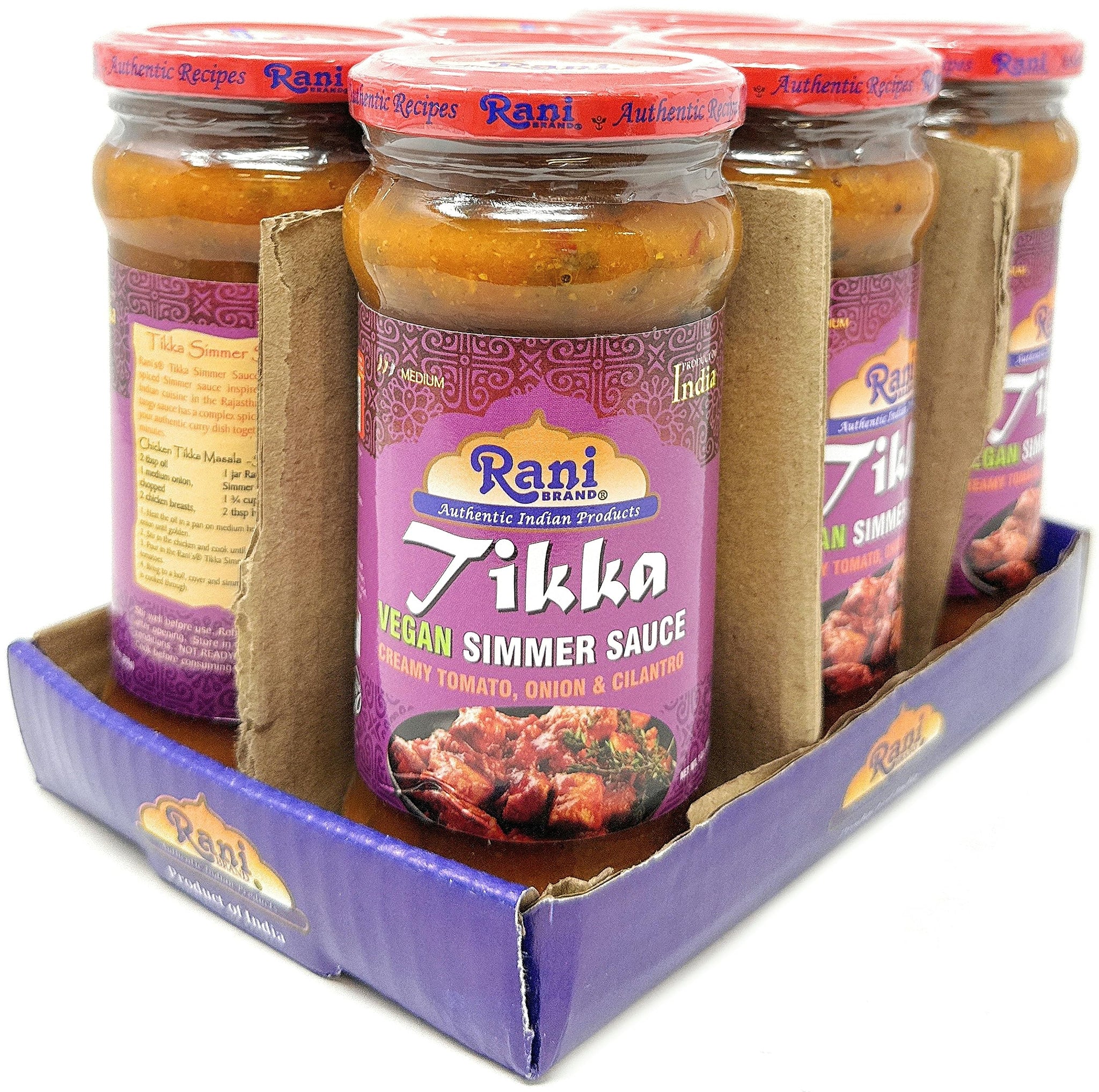 Rani Tikka Vegan Simmer Sauce (Creamy Tomato, Onion & Cilantro) 14oz (400g) Glass Jar, Pack of 5 +1 FREE ~ Easy to Use | Vegan | No Colors | All