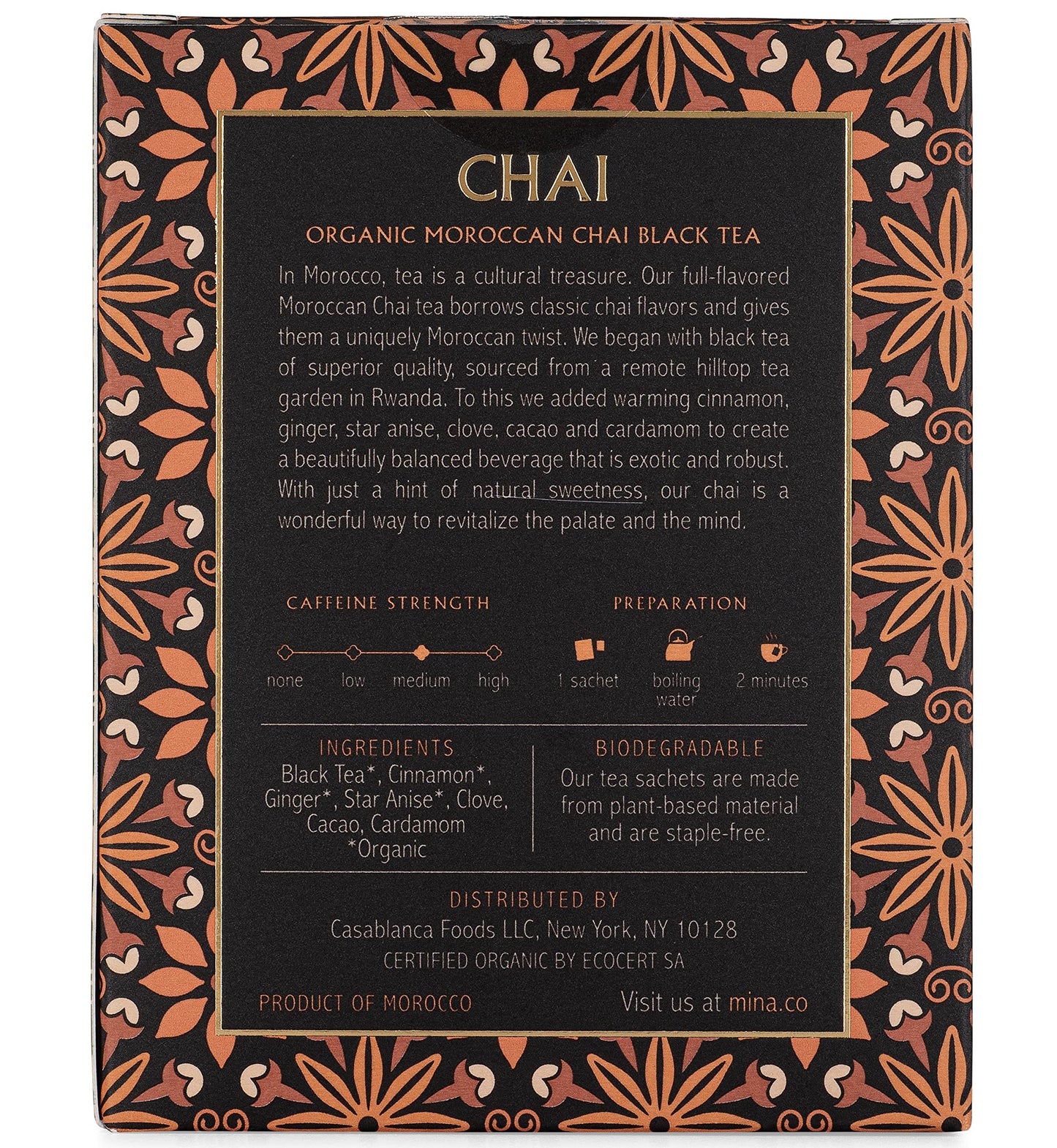 Mina Moroccan Chai, Organic Black Tea Bags, Organic Chai Tea with Cinnamon, Ginger Star Anise, Clove & Cardamom, Chai Latte Hot or Iced, Healthy