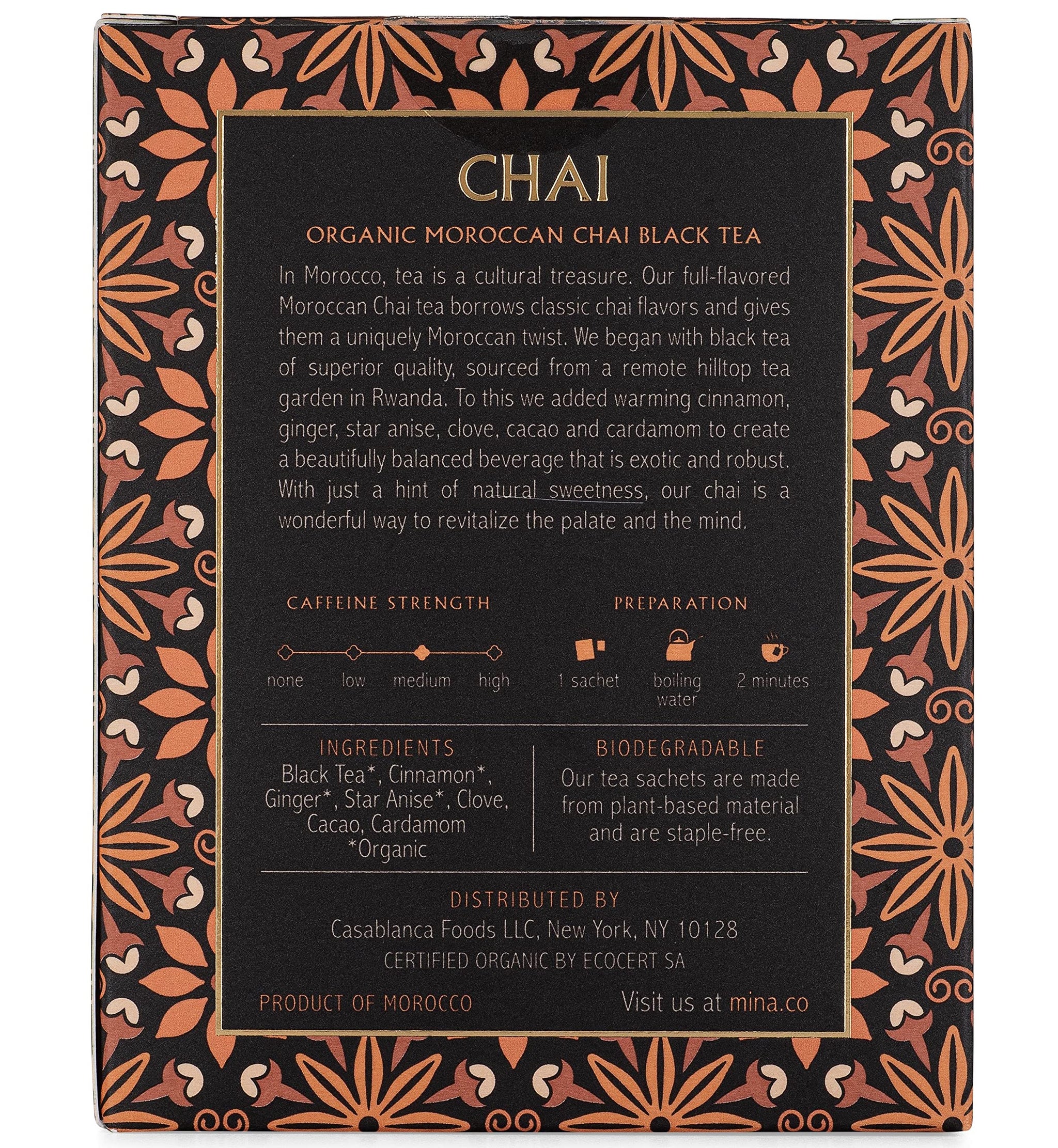 Mina Moroccan Chai, Organic Black Tea Bags, Organic Chai Tea with Cinnamon, Ginger Star Anise, Clove & Cardamom, Chai Latte Hot or Iced, Healthy