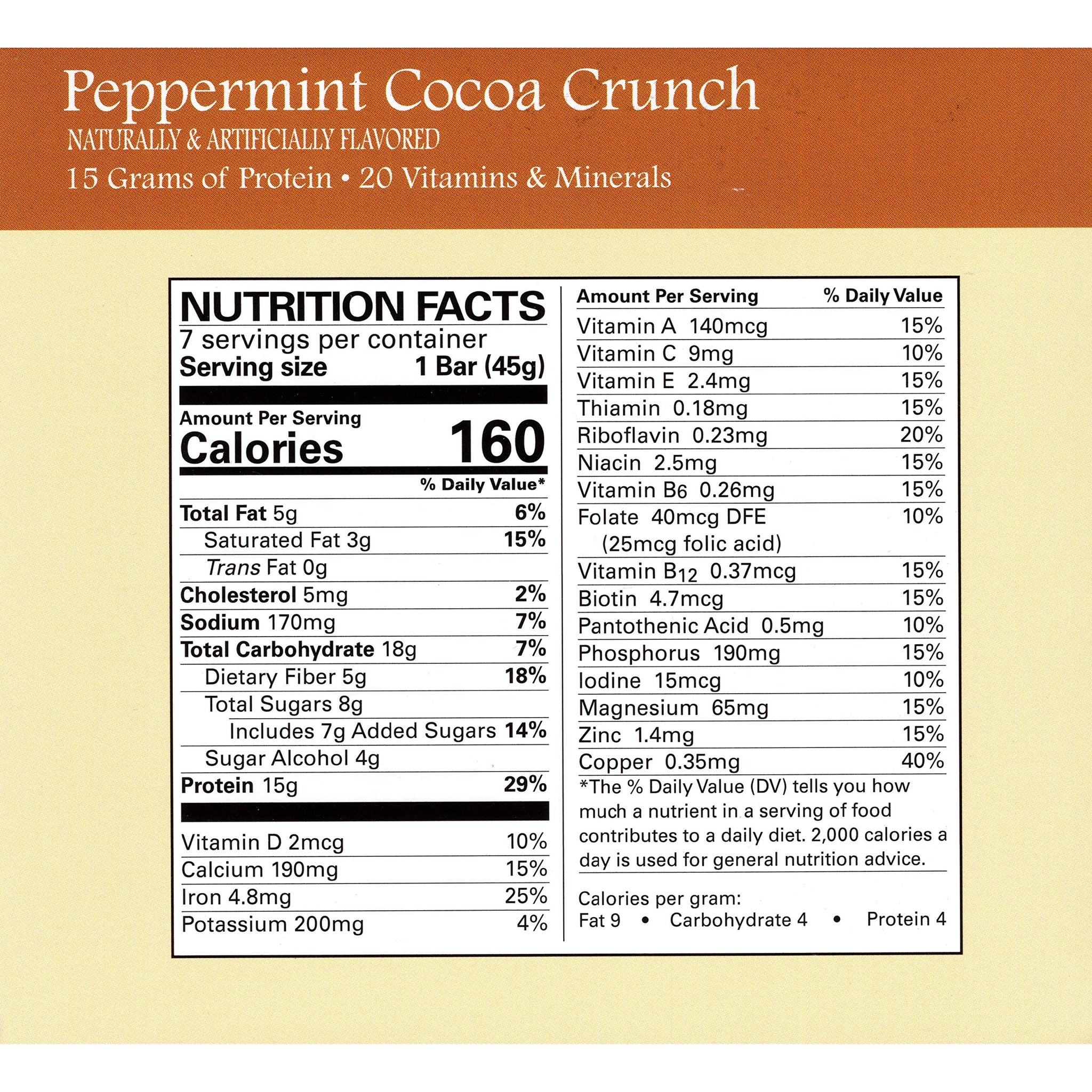 Weight Loss Systems - Meal Replacement Protein Bar - Peppermint Cocoa Crunch (7/Box) - High Protein - Low Fat - Kosher