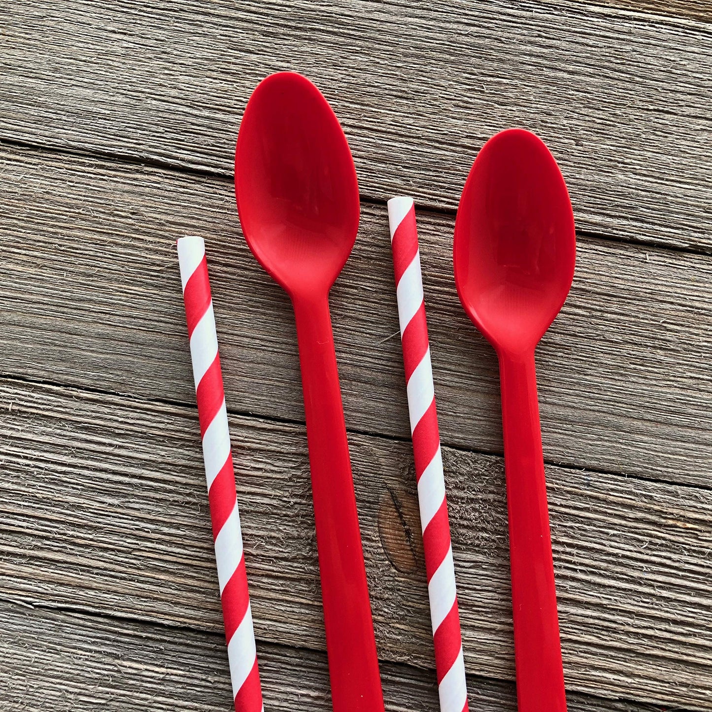Red Plastic Sundae/Soda Spoons - 8 Inch - Party Supply - Red Paper Straws - 50 Each