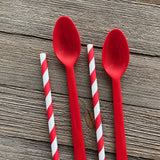 Red Plastic Sundae/Soda Spoons - 8 Inch - Party Supply - Red Paper Straws - 50 Each