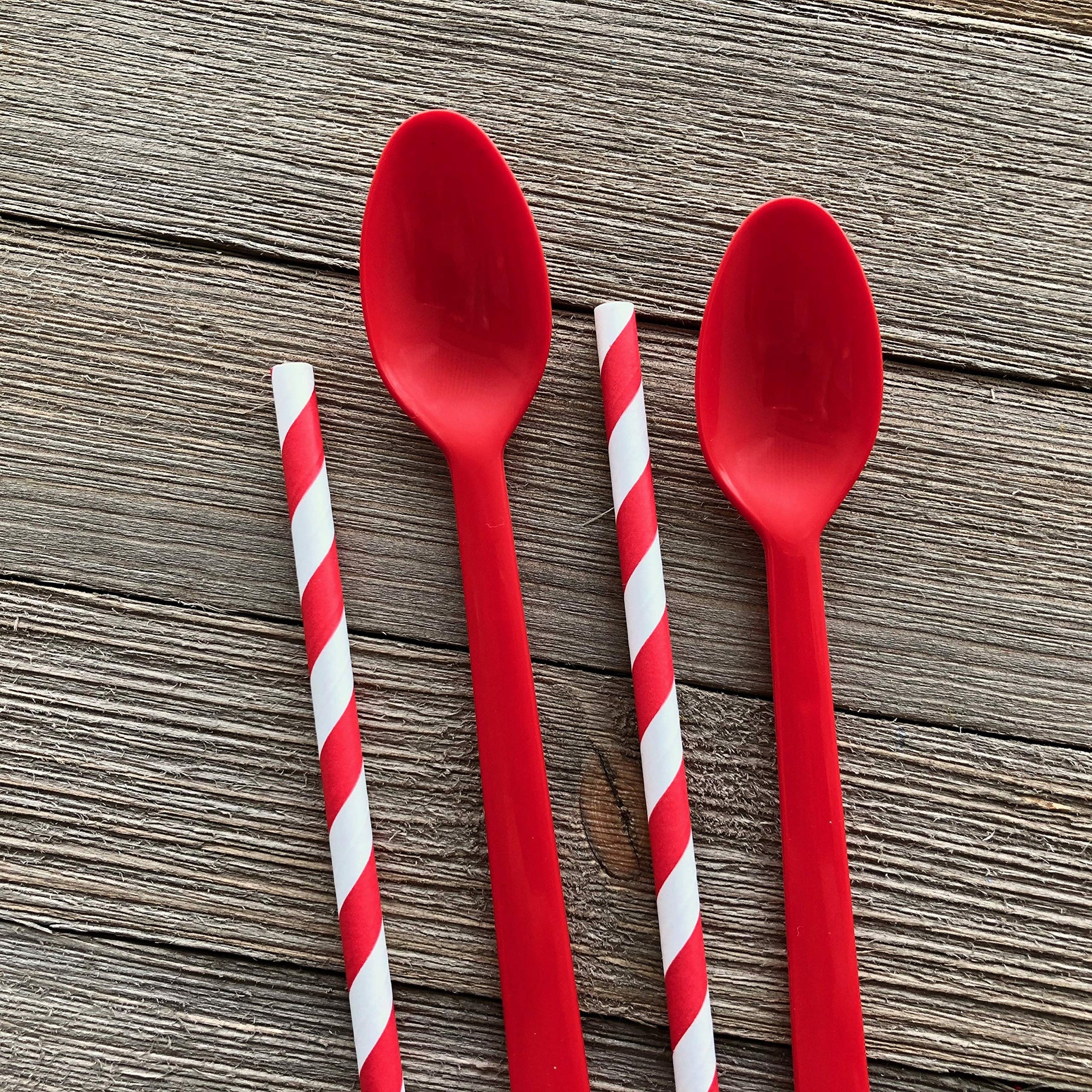 Red Plastic Sundae/Soda Spoons - 8 Inch - Party Supply - Red Paper Straws - 50 Each