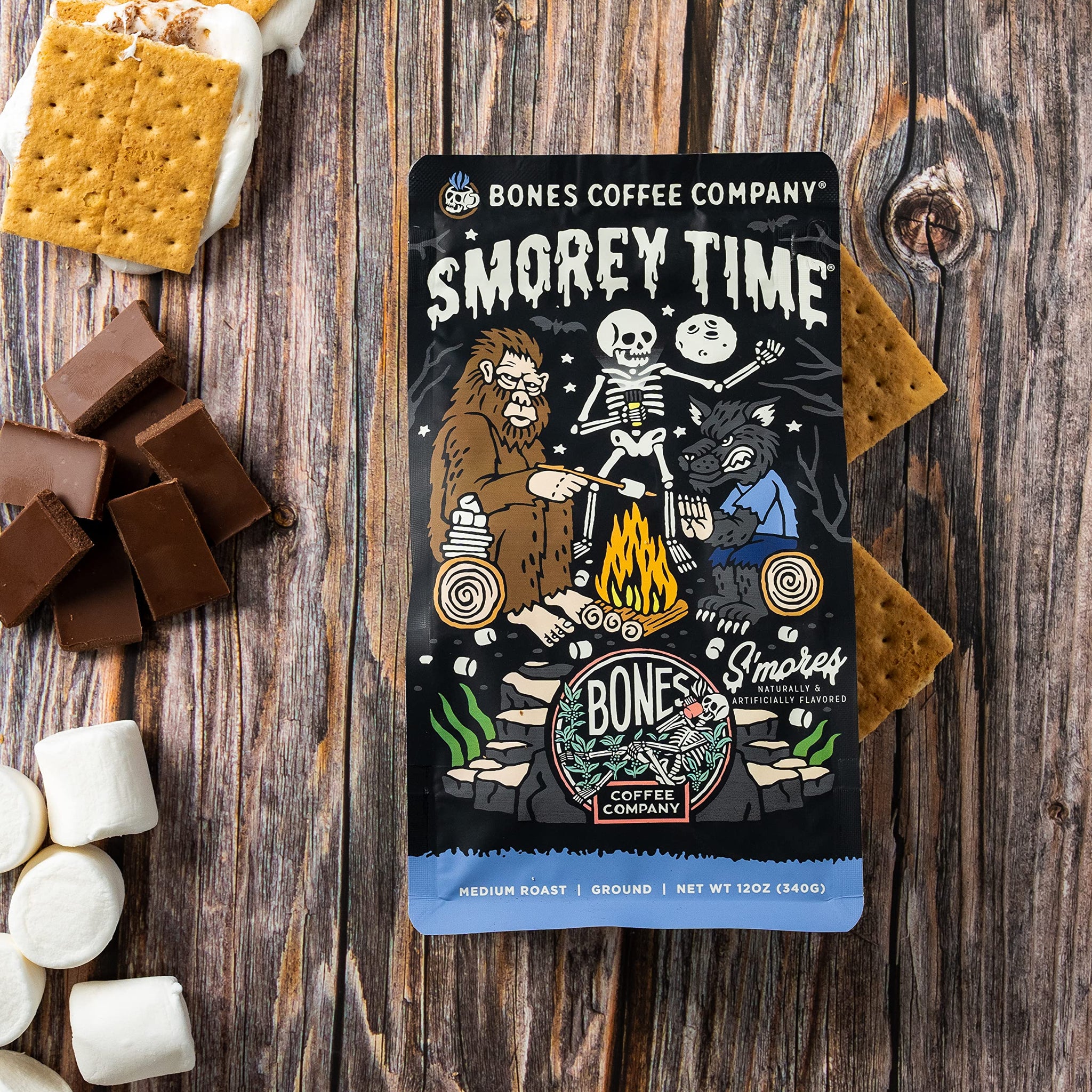 Bones Coffee Company S'morey Time, S'mores and Graham Crackers Flavored Coffee, Medium Roast Low Acid Arabica Beans Compatible with Auto drip
