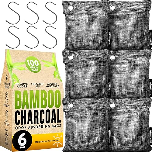 Charcoal Odor Absorber for Strong Odor (6 Pack, 100g each), Bamboo Charcoal Air Purifying Bag, Basement Musty Odor Eliminator Deodorizer, Activated