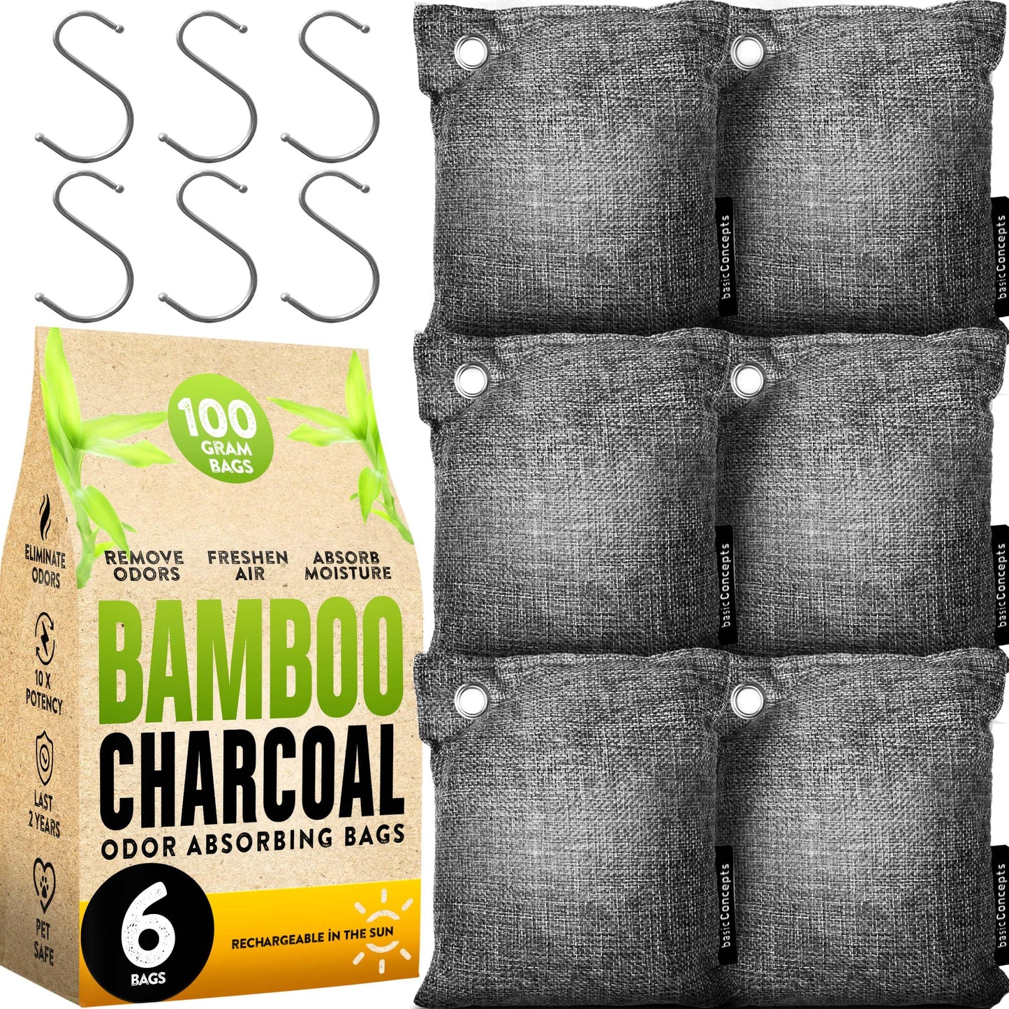 Charcoal Odor Absorber for Strong Odor (6 Pack, 100g each), Bamboo Charcoal Air Purifying Bag, Basement Musty Odor Eliminator Deodorizer, Activated