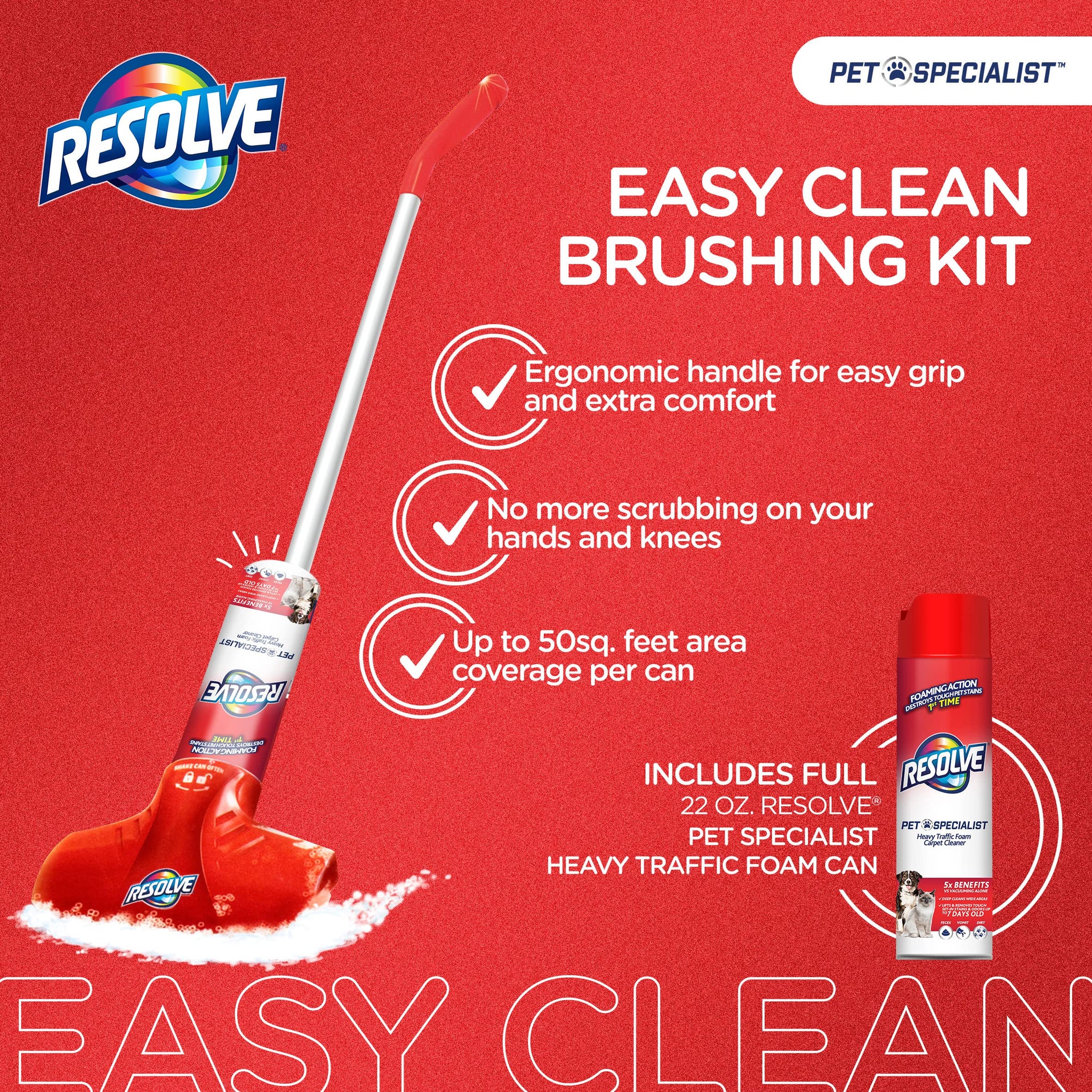 Resolve Pet Specialist Easy Clean Brushing Kit includes High Traffic Foam Carpet Cleaner, Pet Stain and Odor Remover, 22oz