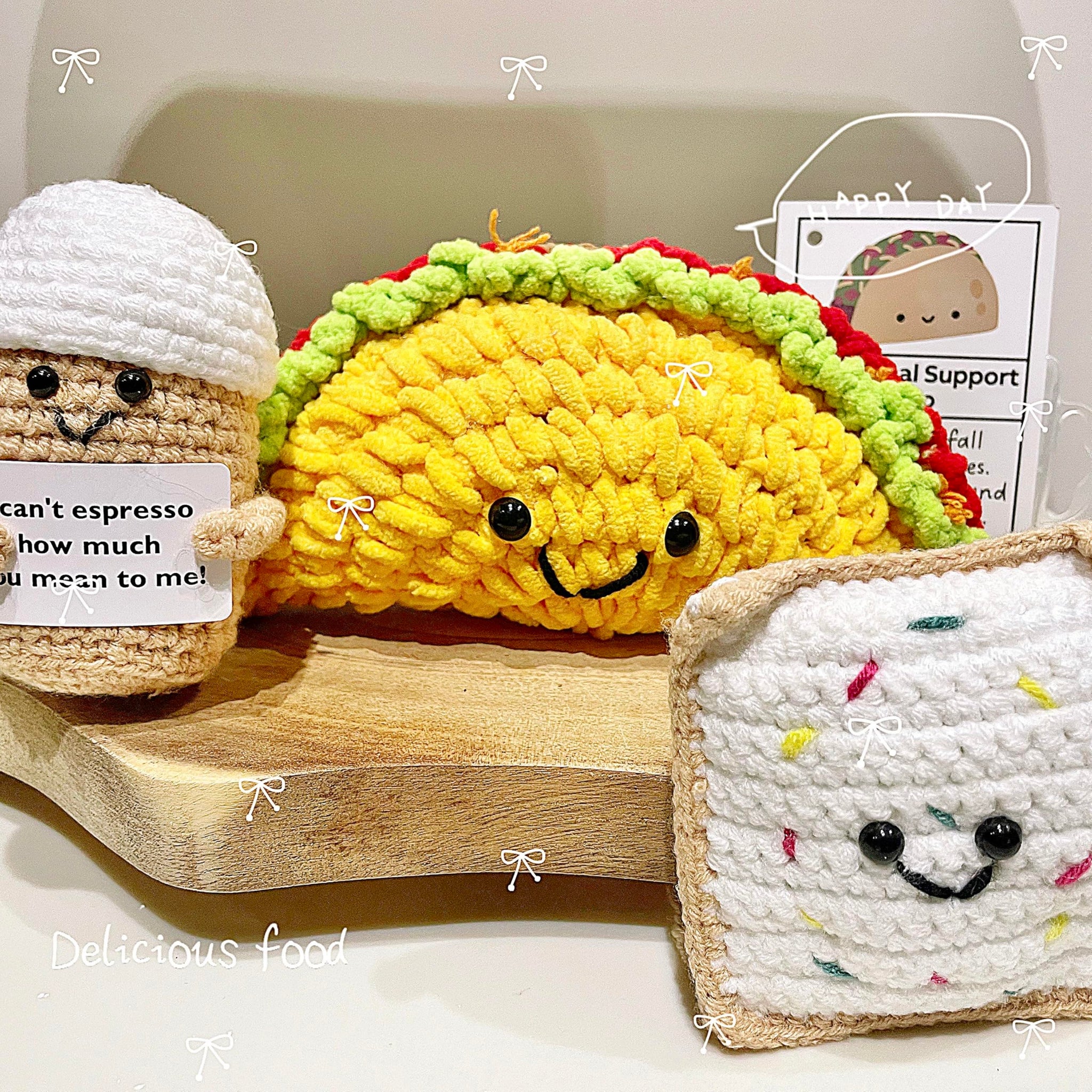 positive crochet Taco Easter Basket Essentials Stuffers, 3PCS Emotional Support Tart Coffee with Positive Card ,Desk Decoration Crochet Birthday Gifts