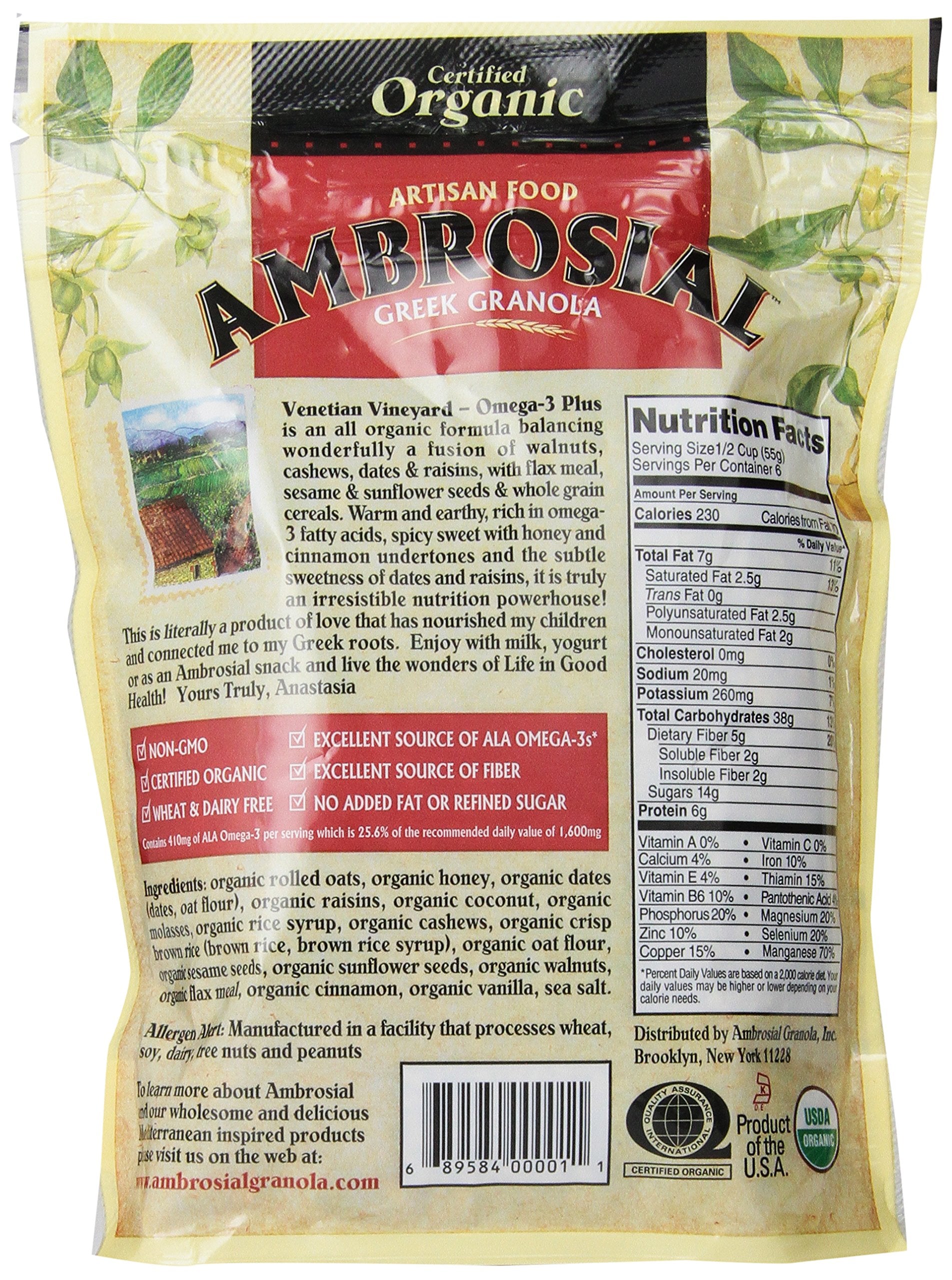 Ambrosial Granola Organic Venetian Vineyard Omega-3 Plus, 12-Ounce Pouch (Pack of 6)