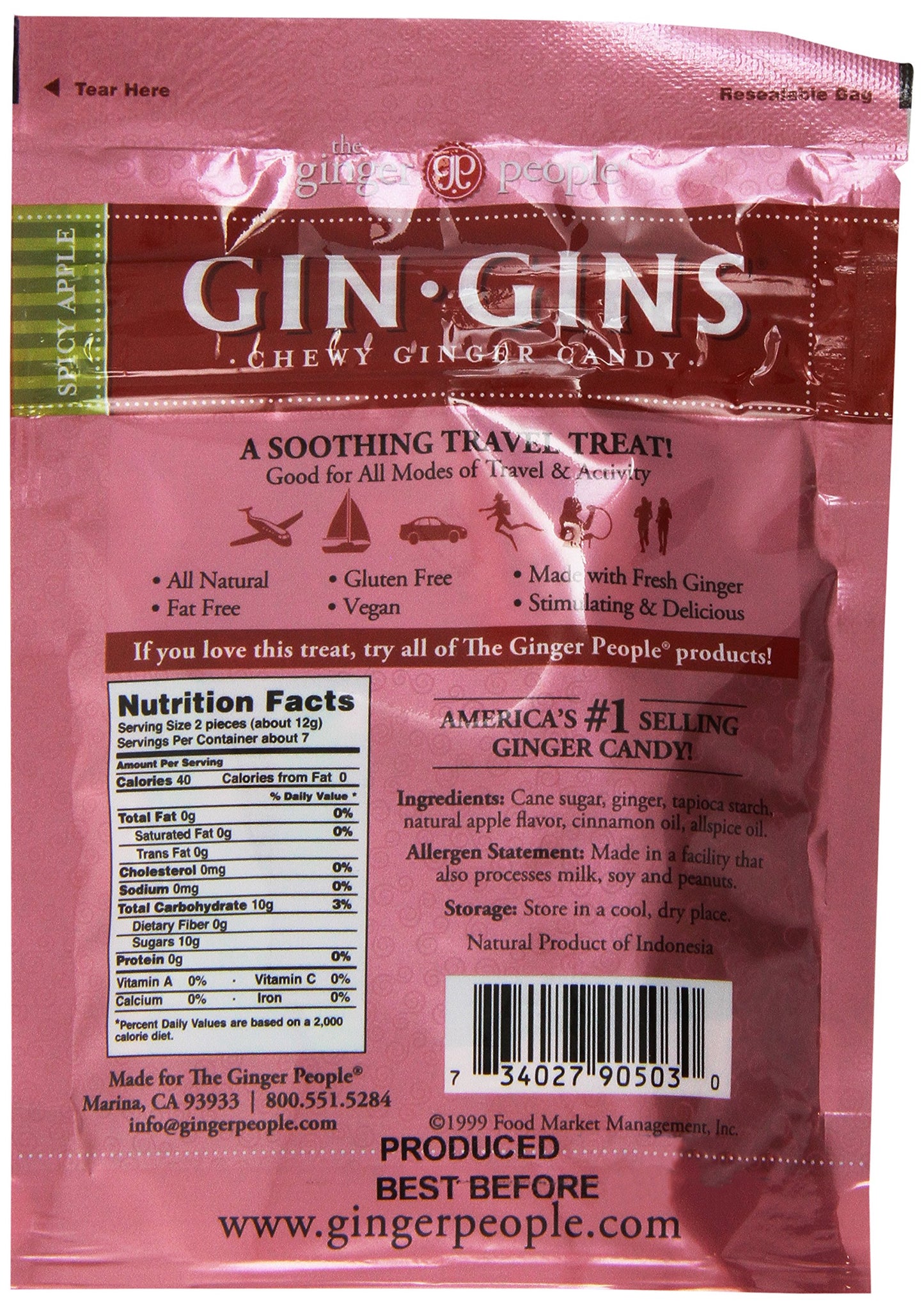GIN GINS Apple Chewy Ginger Candy by The Ginger People - Anti-Nausea and Digestion Aid, Individually Wrapped Healthy Candy - Spicy Apple Flavor, 3 oz