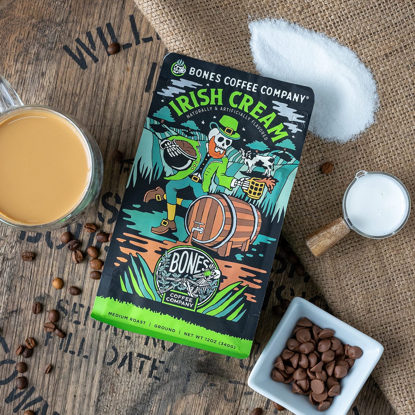 Bones Coffee Company Irish Cream, Creamy Liqueur Flavored Coffee, Medium Roast Low Acid Arabica Beans Compatible with Auto drip and French Press