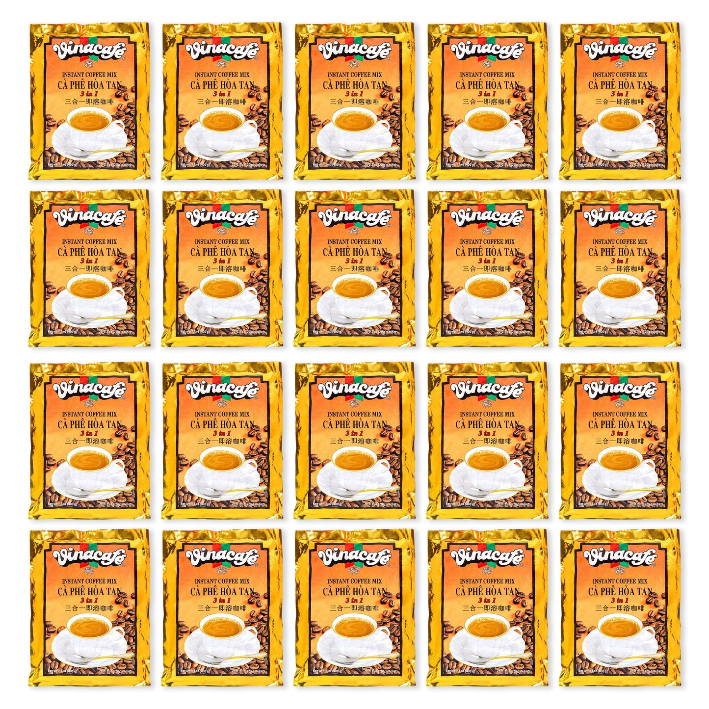 Vinacafe 400 Cts Vietnamese Instant Coffee Mix 3 in 1 Single Serves (Pack of 20 | 20 Sachets Per Bag) Balanced Medium Roast Coffee Mix for Quick