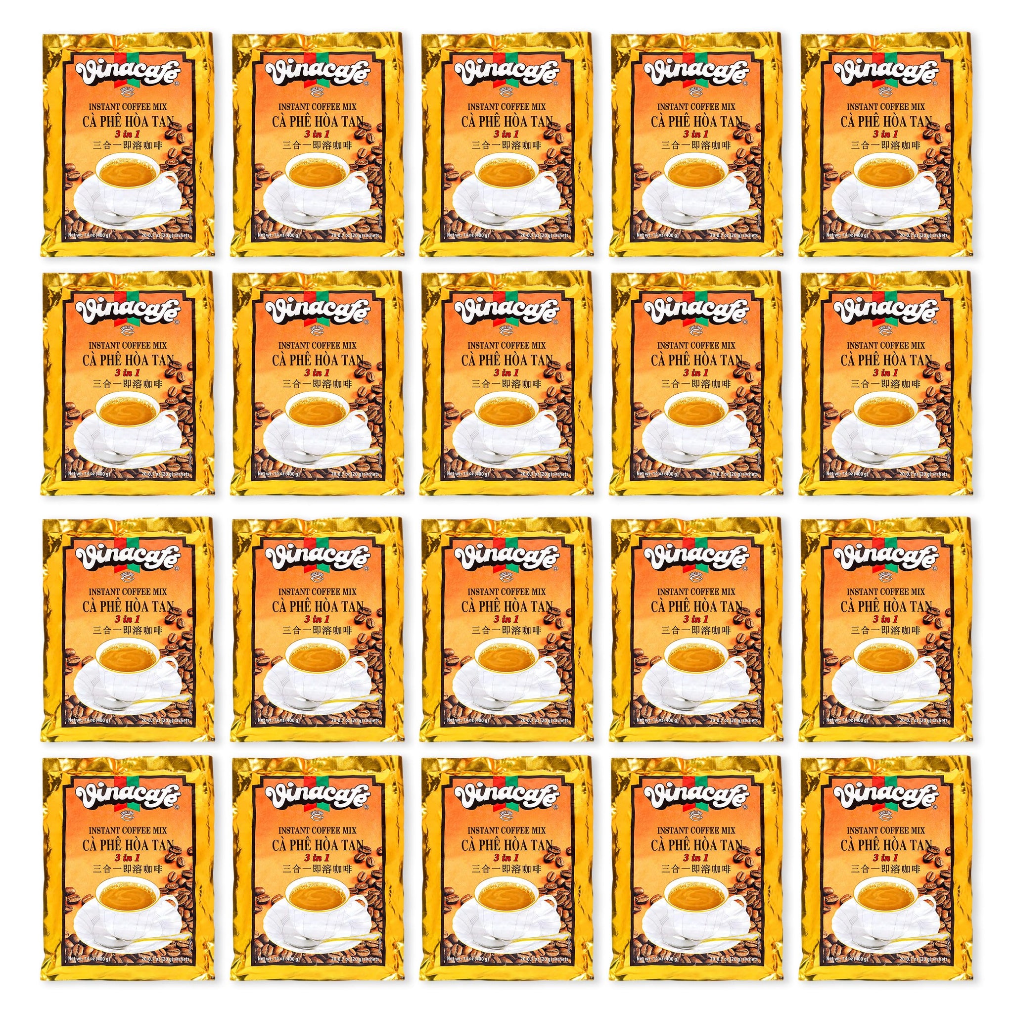 Vinacafe 400 Cts Vietnamese Instant Coffee Mix 3 in 1 Single Serves (Pack of 20 | 20 Sachets Per Bag) Balanced Medium Roast Coffee Mix for Quick