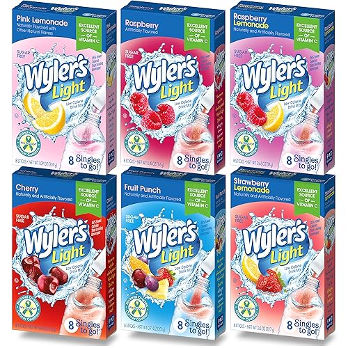 Wyler's Light Singles To Go Drink Mix, Variety 6 Pack, Pink Lemonade, Strawberry Lemonade, Fruit Punch, Cherry, Raspberry, and Raspberry Lemonade (48