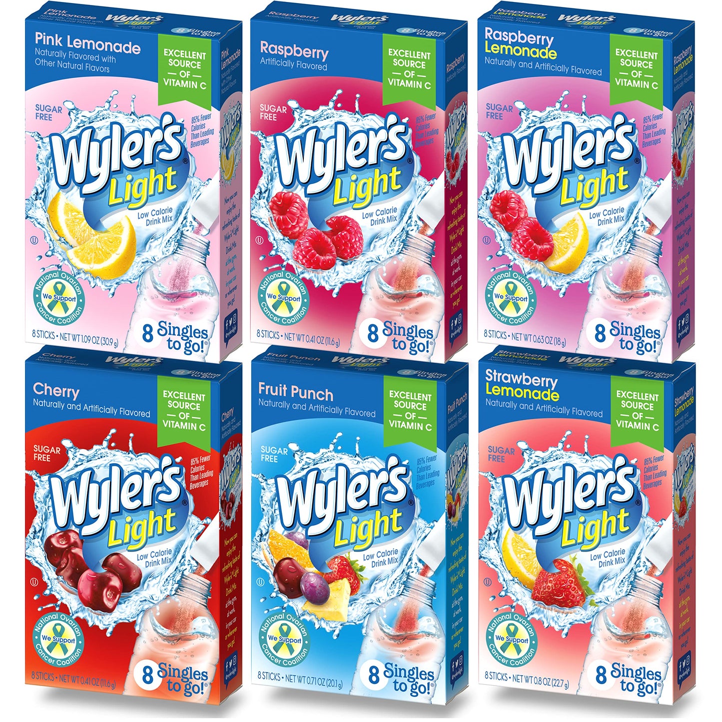 Wyler's Light Singles To Go Drink Mix, Variety 6 Pack, Pink Lemonade, Strawberry Lemonade, Fruit Punch, Cherry, Raspberry, and Raspberry Lemonade (48