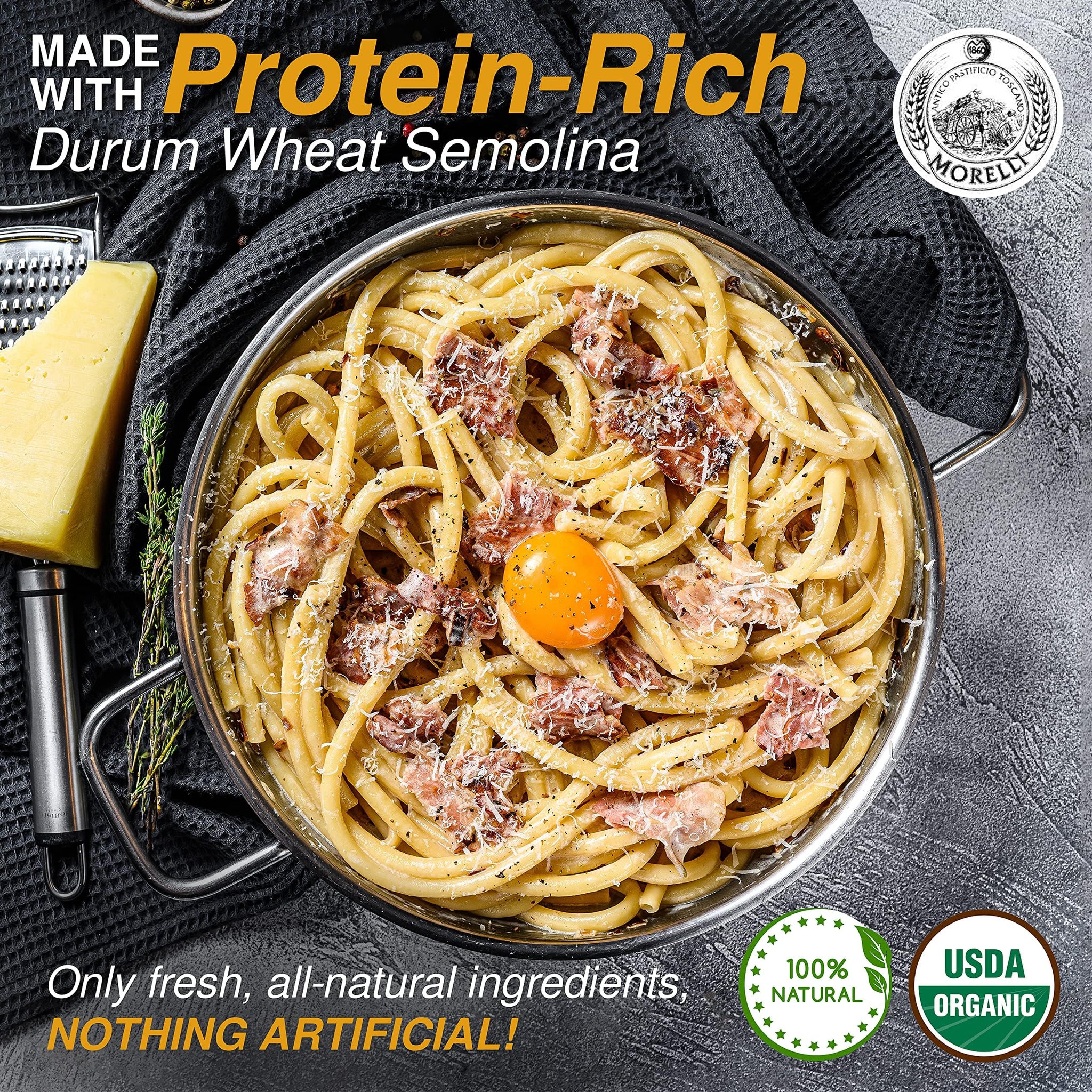 Morelli Bucatini Pasta Noodles - Premium Organic Italian Pasta from Italy - Handcrafted, Family Owned Gourmet Brand - Made with Durum Wheat Semolina
