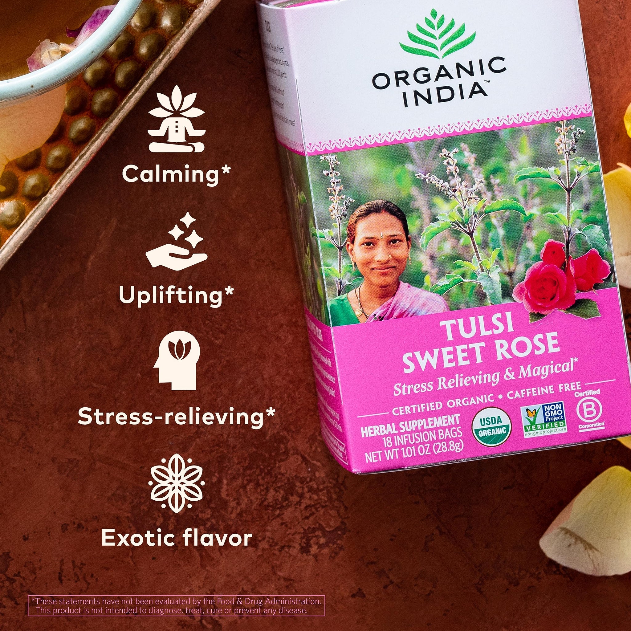 Organic India Tulsi Sweet Rose Herbal Tea - Holy Basil Leaf, African Basil, Chamomilie, Lemon Myrtle, Stress Relieving, Immune Support, USDA Certified