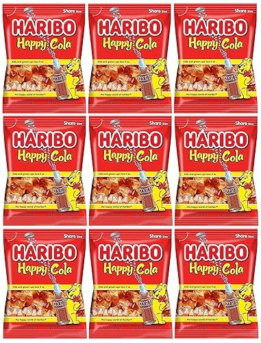 Haribo Happy Cola Gummy Candy Pack of 9 (5oz Bags) American Dulces Candy Pack for Halloween, Easter & More in a King of Sweets Bulk Bag