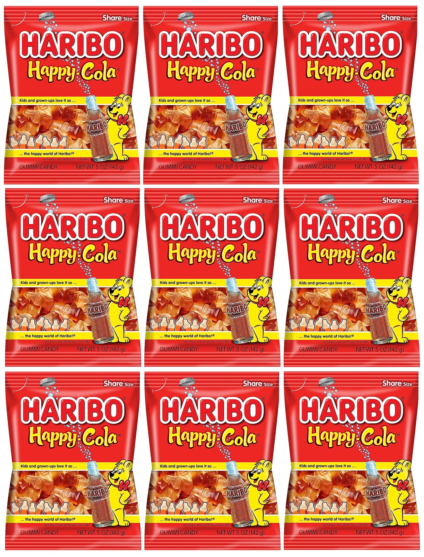 Haribo Happy Cola Gummy Candy Pack of 9 (5oz Bags) American Dulces Candy Pack for Halloween, Easter & More in a King of Sweets Bulk Bag
