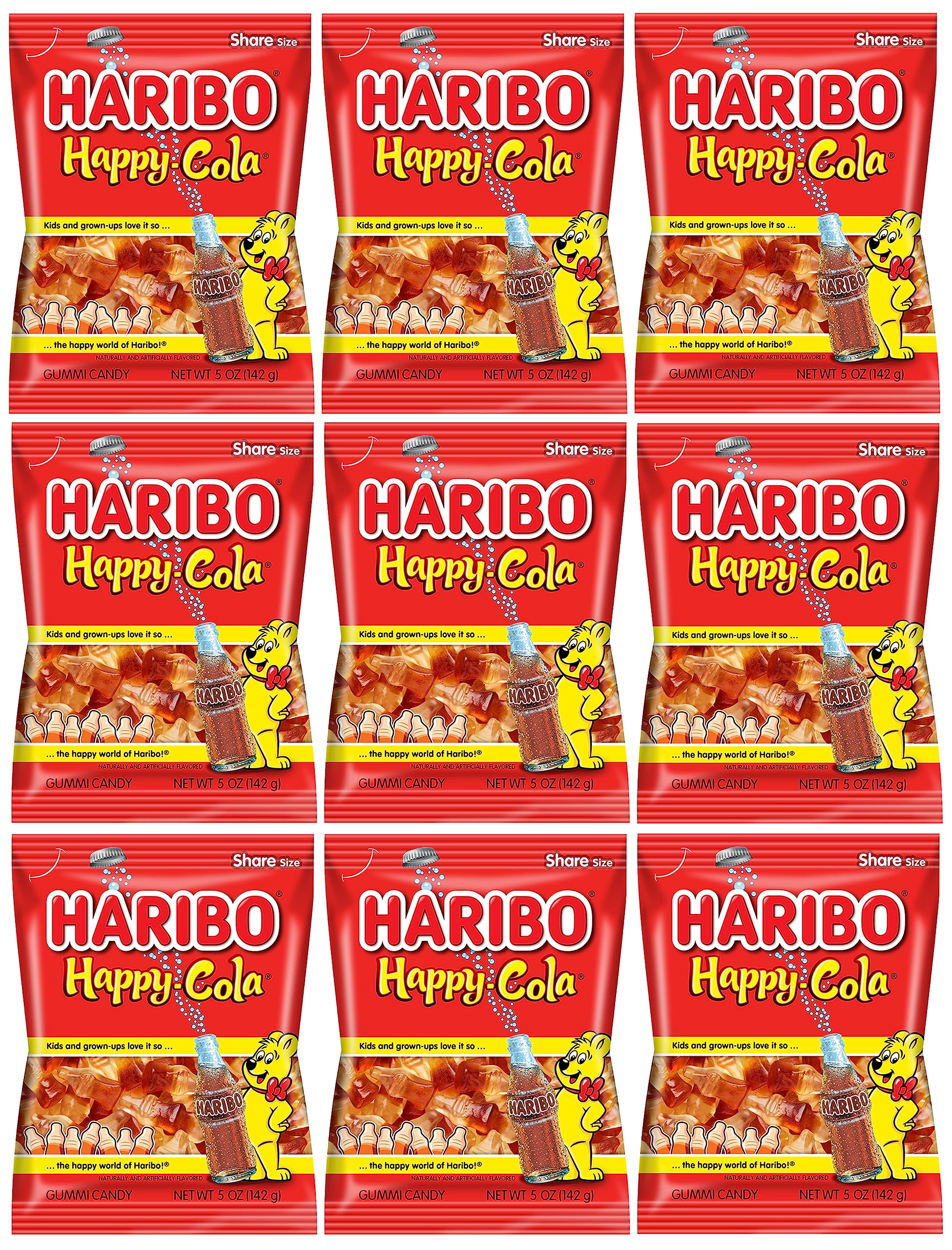 Haribo Happy Cola Gummy Candy Pack of 9 (5oz Bags) American Dulces Candy Pack for Halloween, Easter & More in a King of Sweets Bulk Bag