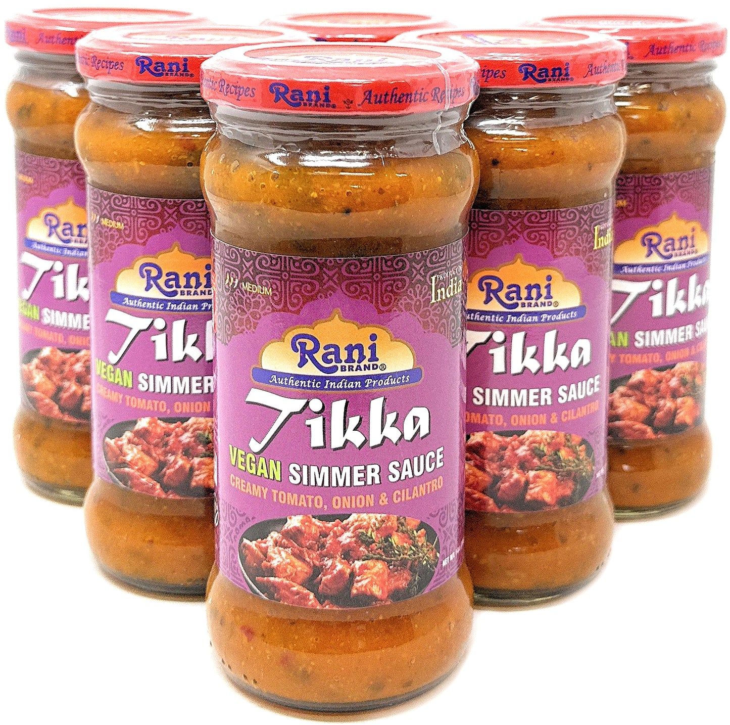 Rani Tikka Vegan Simmer Sauce (Creamy Tomato, Onion & Cilantro) 14oz (400g) Glass Jar, Pack of 5 +1 FREE ~ Easy to Use | Vegan | No Colors | All