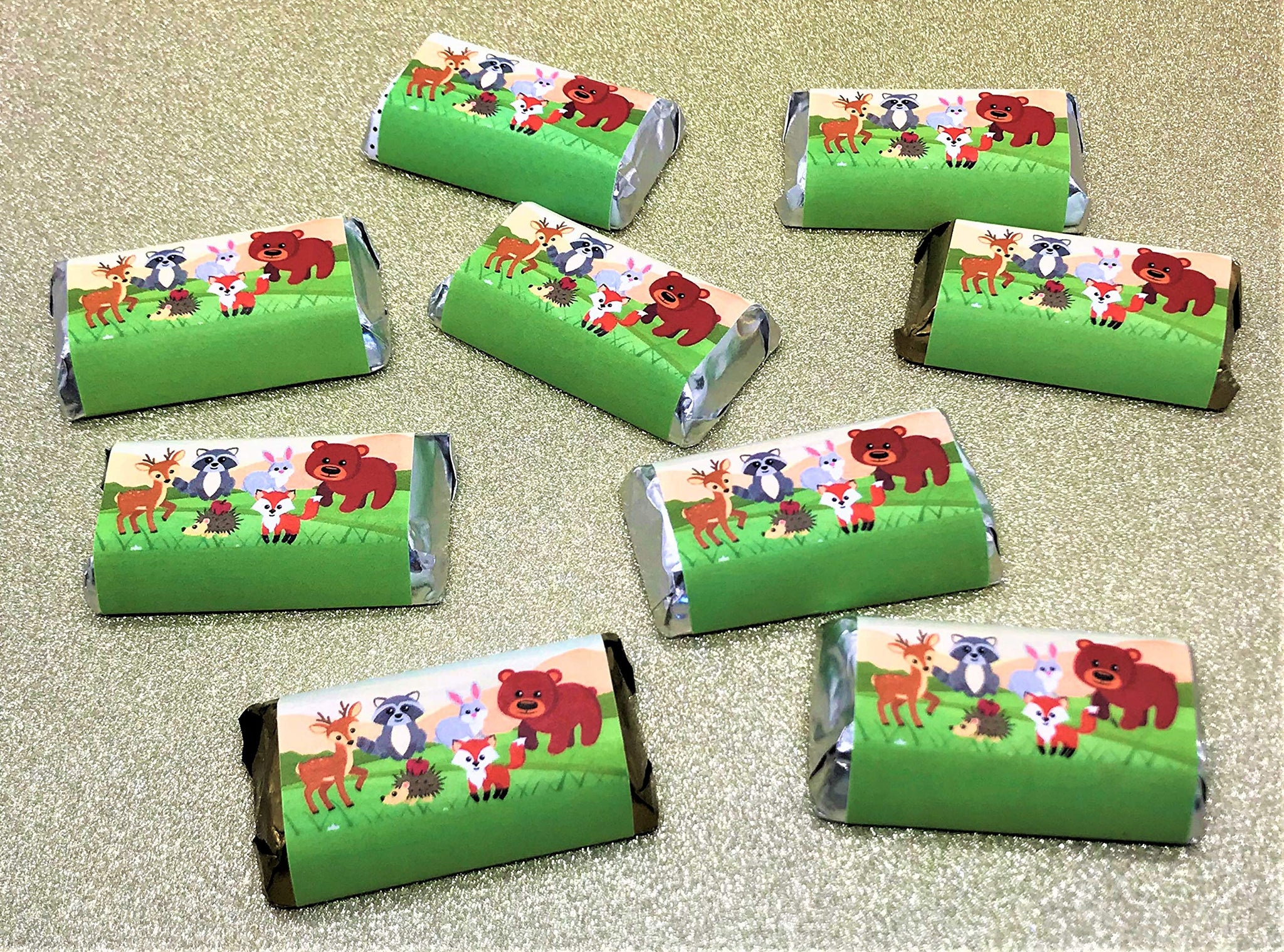 60 Forest Animals Miniatures Candy Bar Wrapper Decorations, Woodland Creatures Mini Candy Bar Stickers for Baby Shower or Birthday Party. Made in USA