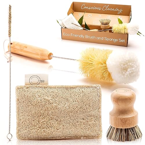Bamboo Dish Brush Set - Eco Kitchen Cleaning Kit | Bottle Brush, Straw Brush, Scrubber & Sponge | Plastic-Free, Space-Saving, Sustainable