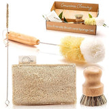 Bamboo Dish Brush Set - Eco Kitchen Cleaning Kit | Bottle Brush, Straw Brush, Scrubber & Sponge | Plastic-Free, Space-Saving, Sustainable