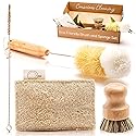 Bamboo Dish Brush Set - Eco Kitchen Cleaning Kit | Bottle Brush, Straw Brush, Scrubber & Sponge | Plastic-Free, Space-Saving, Sustainable