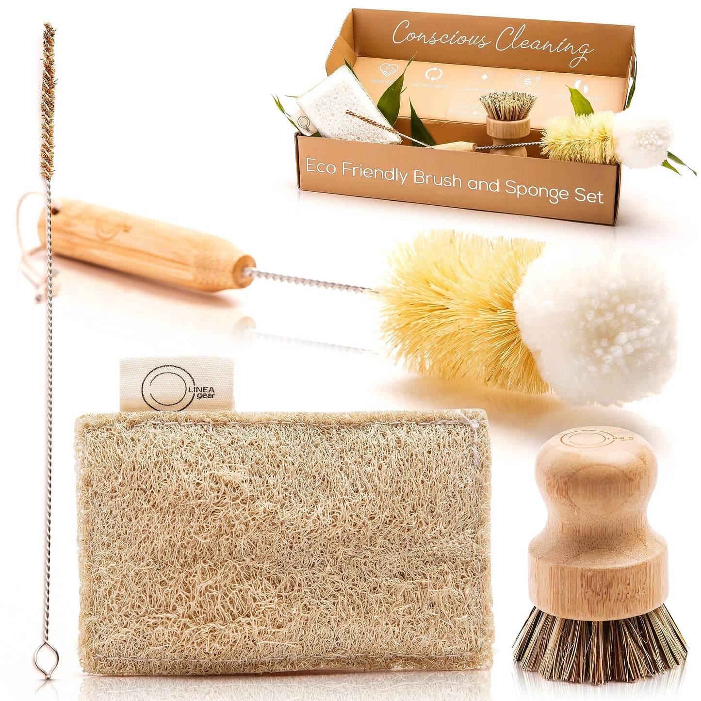 Bamboo Dish Brush Set - Eco Kitchen Cleaning Kit | Bottle Brush, Straw Brush, Scrubber & Sponge | Plastic-Free, Space-Saving, Sustainable