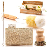 Bamboo Dish Brush Set - Eco Kitchen Cleaning Kit | Bottle Brush, Straw Brush, Scrubber & Sponge | Plastic-Free, Space-Saving, Sustainable