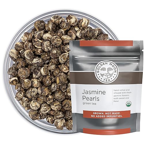 Golden Moon Tea Organic Jasmine Pearls Green Tea - Loose Leaf Dragon Pearls, Premium Grade, Non GMO - Half Pound (96 Servings)