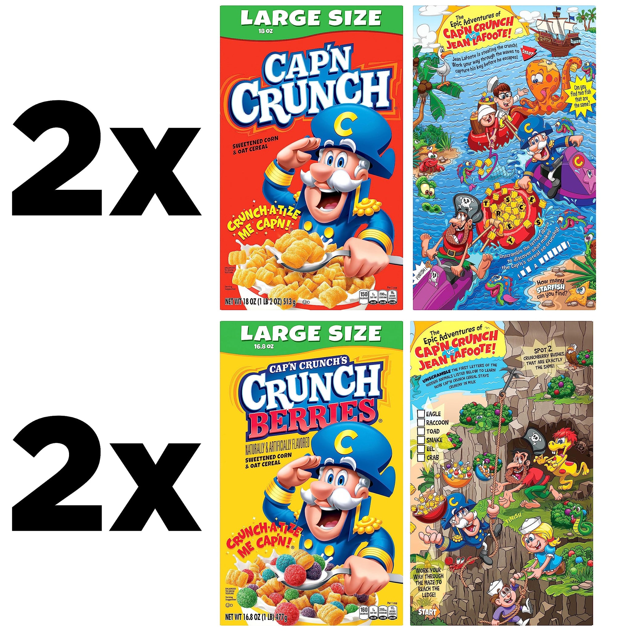 Cap'n Crunch Cereal, Original & Crunch Berries Variety Pack, Large Size Boxes, (4 Pack)