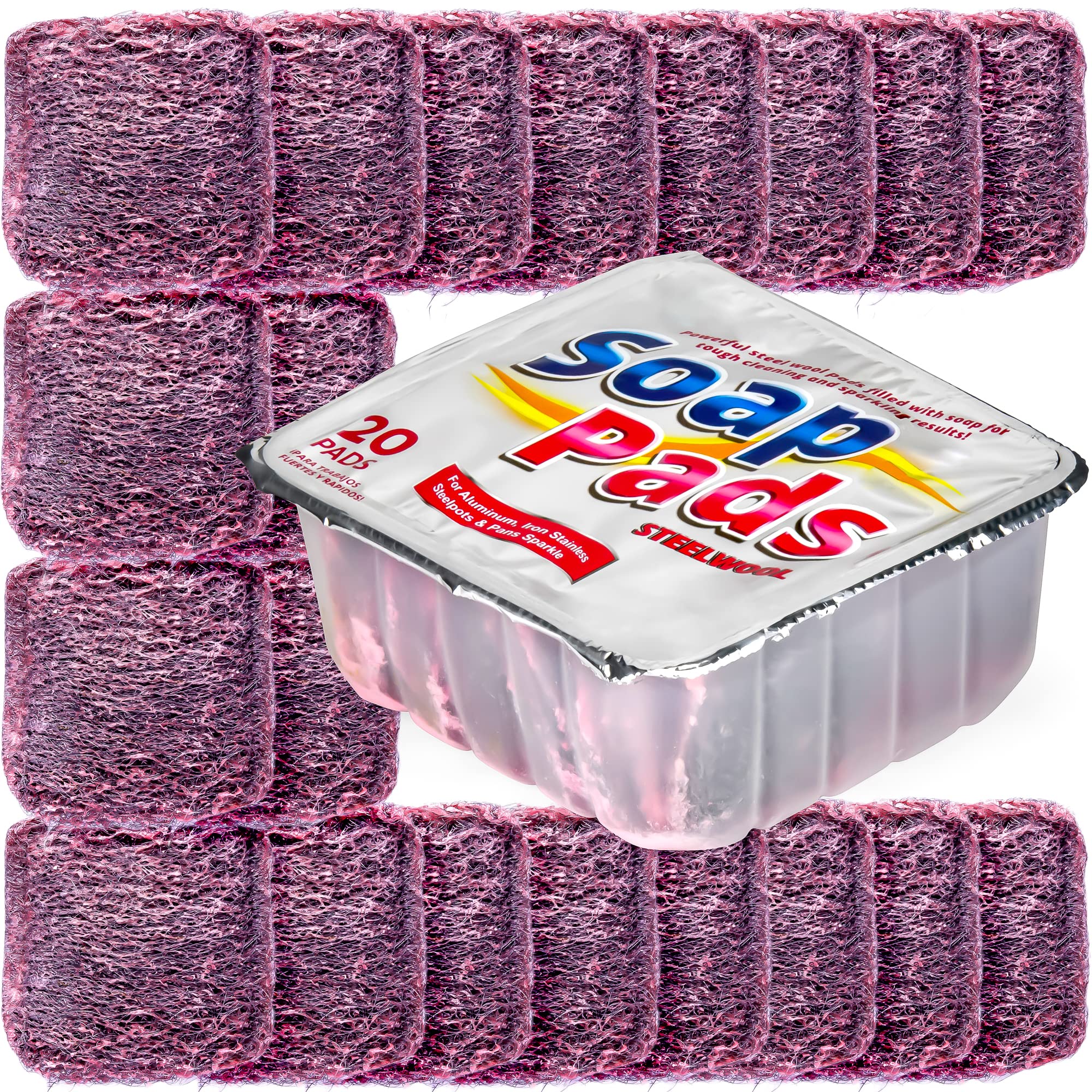 SteadMax 20 Pack Steel Wool Soap Pads, Pre-Soaped Metal Scouring Pads for Easy Cleaning of Dishes, Pans, Ovens and Pots