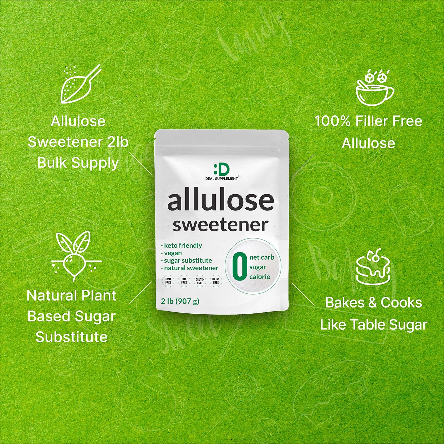Allulose Sweetener 2 Pounds - Natural Sugar Subsitutes, No Aftertaste - Keto Friendly, Vegan, Zero Net Carb, Zero Calorie, Great for Cooking & Baking