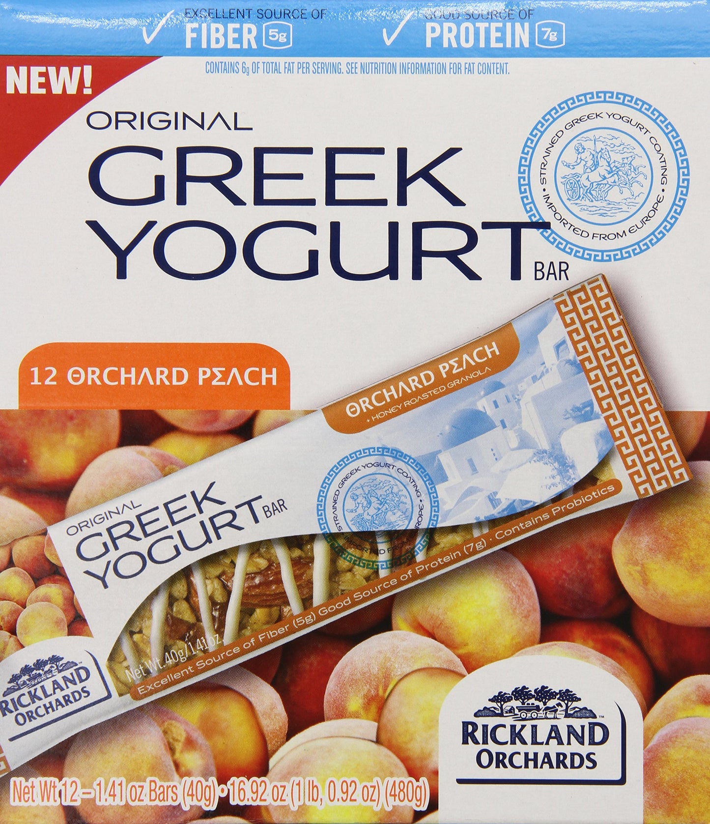 Rickland Orchards Greek Yogurt Covered Granola Bar, Orchard Peach, 1.4 Ounce (Pack of 12)
