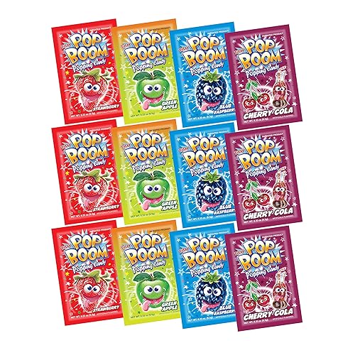 Pop Boom Popping Candy 12 Pack | 3 pack each of Strawberry, Blue Raspberry, Green Apple, Cherry Cola