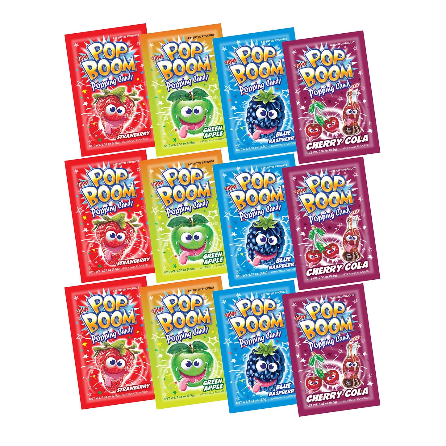 Pop Boom Popping Candy 12 Pack | 3 pack each of Strawberry, Blue Raspberry, Green Apple, Cherry Cola
