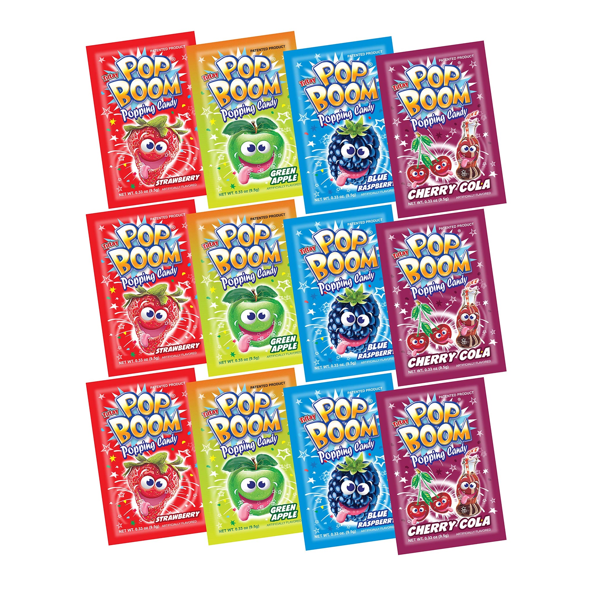 Pop Boom Popping Candy 12 Pack | 3 pack each of Strawberry, Blue Raspberry, Green Apple, Cherry Cola
