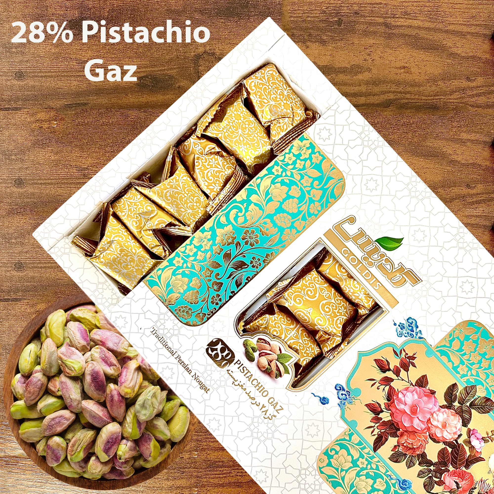GOALDEES Persian Nougat Gaz - Traditional Sweet with 28% Pistachios, Halal Candy, Soft & Chewy Natural Treat, 350g