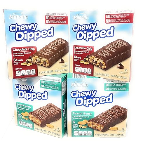 Millville Chewy Dipped Two Flavors Chocolaty Covered Granola Bars Combo Bundle 6.3oz 180g (Pack of Four)