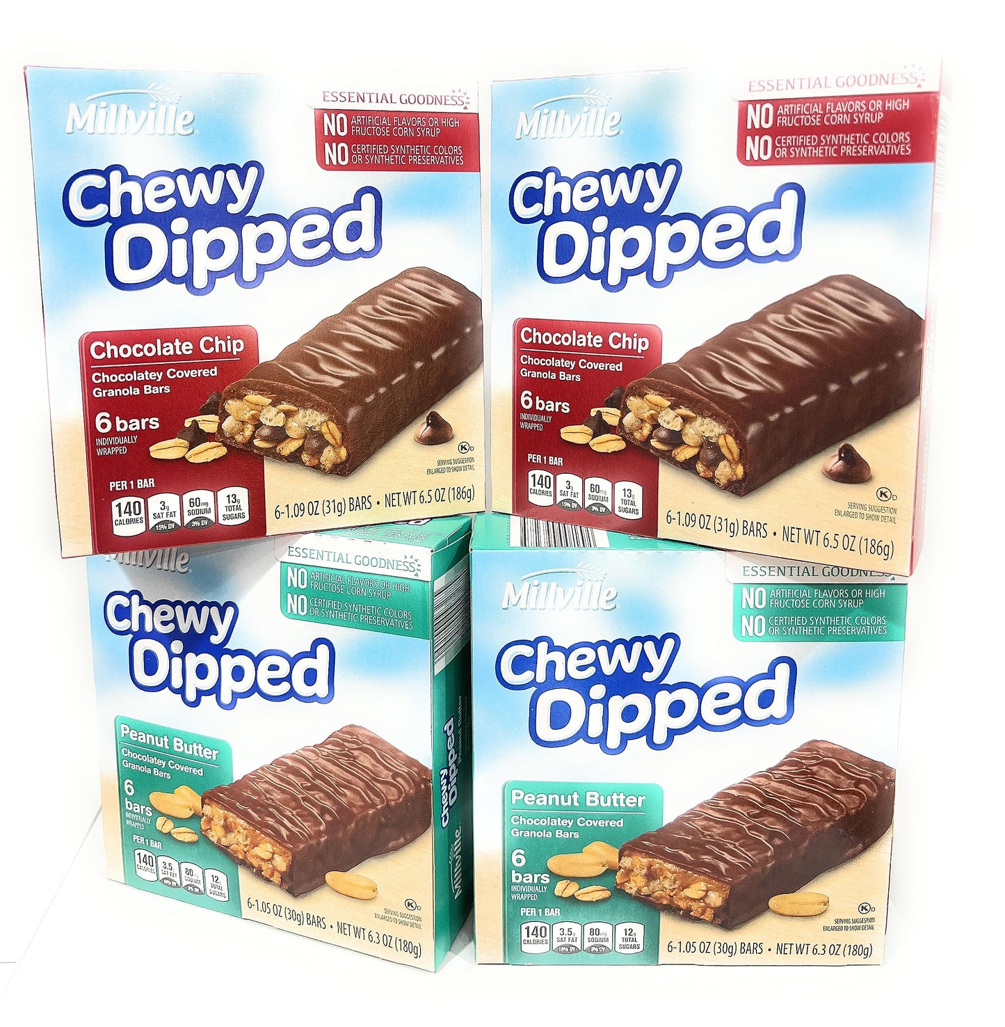 Millville Chewy Dipped Two Flavors Chocolaty Covered Granola Bars Combo Bundle 6.3oz 180g (Pack of Four)