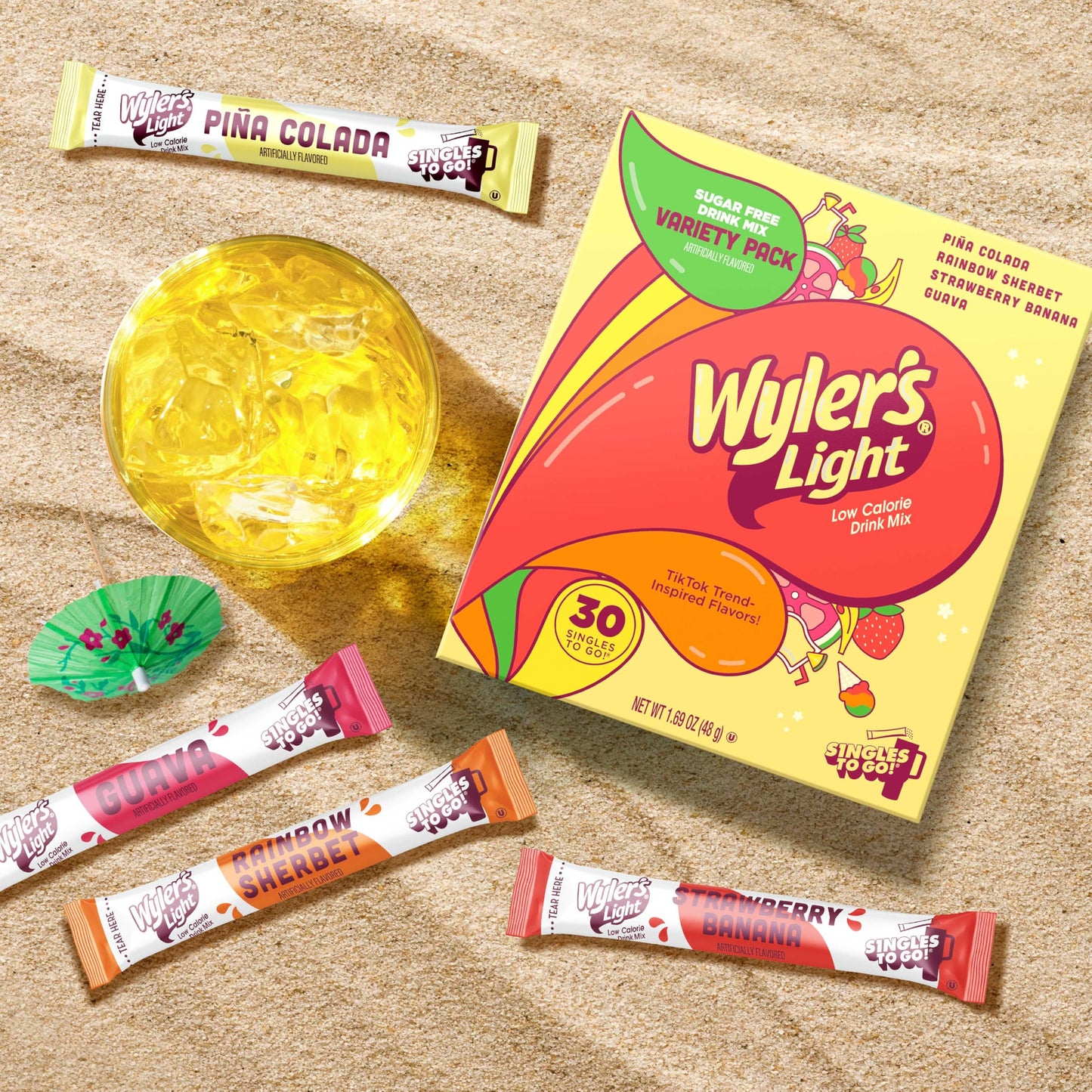 Wyler’s Light Island Flavors Variety Pack, Singles To Go Sugar Free Drink Mix, Low Calorie Water Enhancer, 30 Sticks, Piña Colada, Rainbow Sherbet