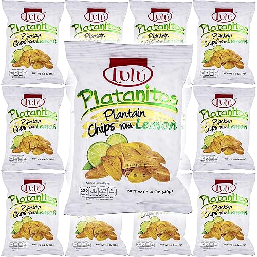 LULU Platanitos, Plantain Chips with Lemon, Gluten-Free, 1.4oz Bag (Pack of 12, Total of 16.8 Oz)