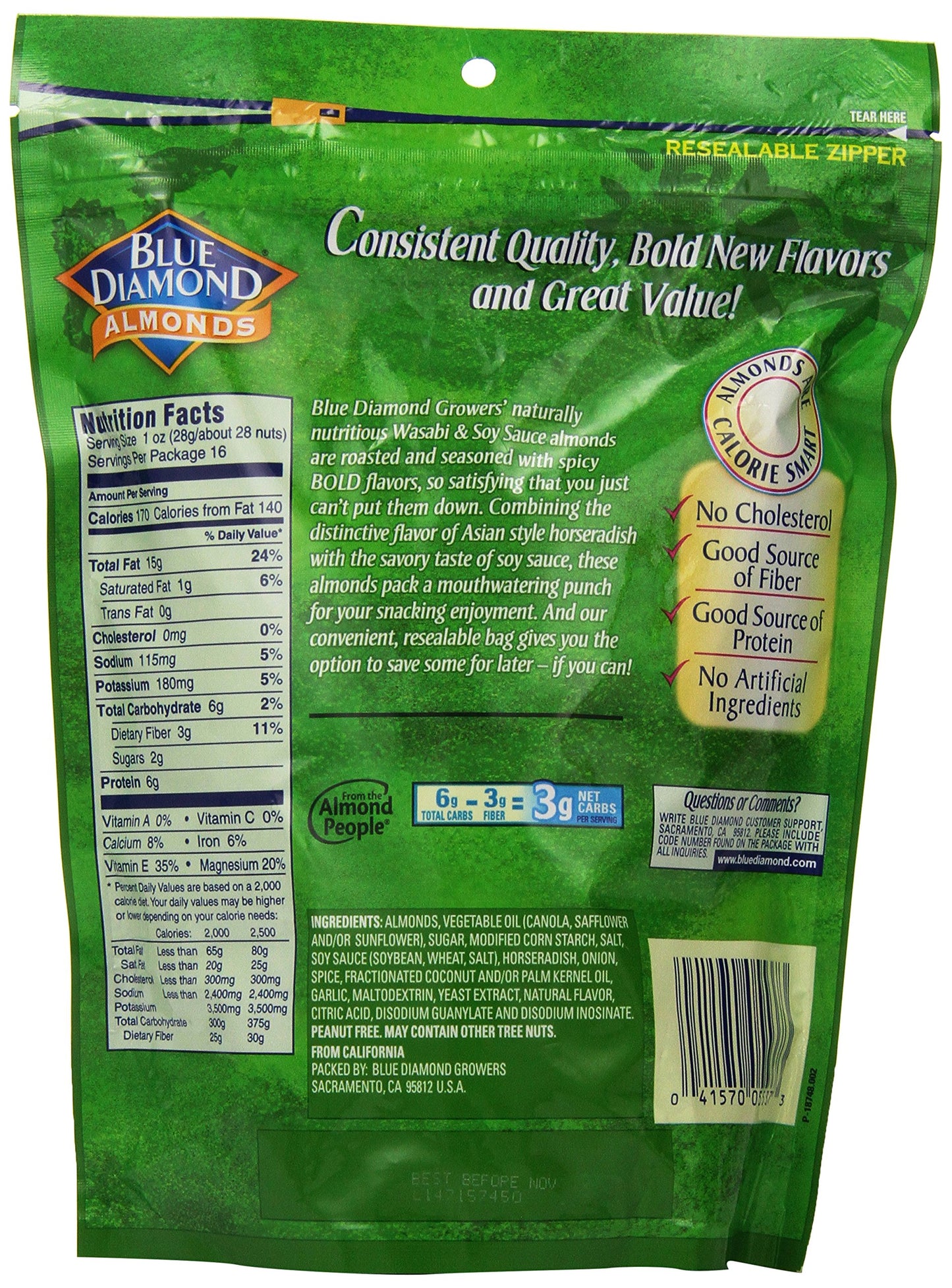 Blue Diamond Almonds Bold Wasabi & Soy Sauce, Value Pack, 16 Ounce (Pack of 6)